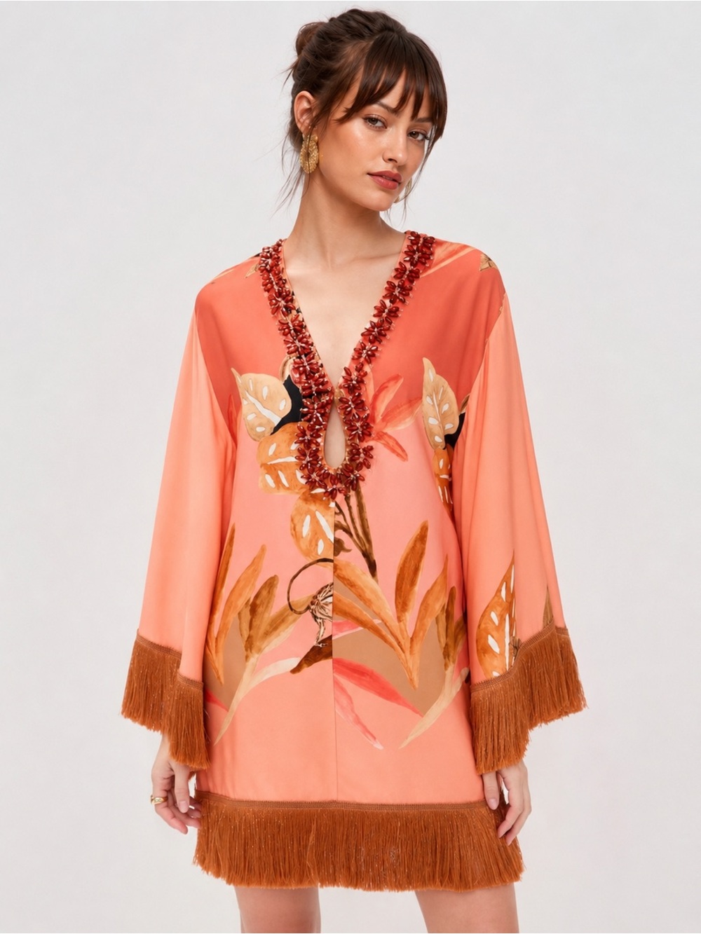 PatBO Bananier Short Coverup | Kaftan in Peach with Beaded Trim and Fringe